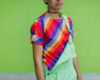 Bright Rainbow Rolled Sleeve Striped Top