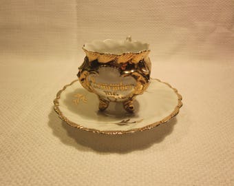 Antique "Remember Me" memorial footed demitasse cup and saucer