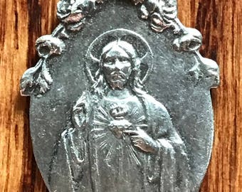 Sacred Heart of Jesus Vintage at Montmartre Religious Medal Pendant on 18 inch sterling silver rolo chain