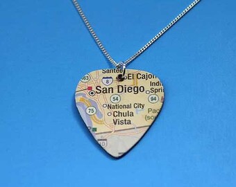Recycled map guitar pick necklace-personalized in sterling silver