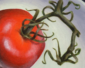 Original Small Acrylic Painting, Food Art Still Life Painting of Tomato for Kitchen Decor