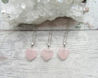 Rose Quartz Heart Pendant - Gemstone Necklace - Carved Silver Plated Stone Jewellery