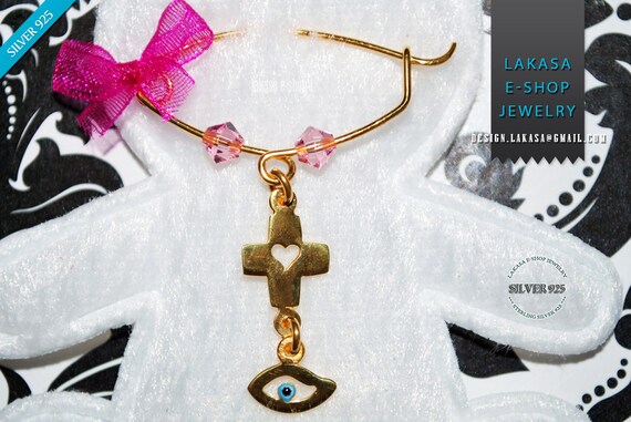 Baby Brooch Cross Heart Pink Swarovski Crystals Enamel Eye Sterling Silver Handmade Jewelry Mother Religious Christening Newborn Girl Mommy