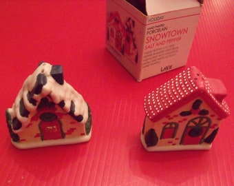 Winter Salt and pepper shakers SNOWTOWN, LaVie brand, hand painted porcelain. New old stock.Gift.Christmas gift.