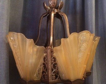Wonderful 5-light Slip Shade Chandelier with Consolidated Glass Shades - Circa 1930's