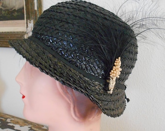 Cute 1920's Black Straw Flapper/Great Gatsby/Downton Abbey Cloche Hat