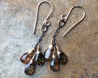 ANDALUSITE Earrings, mixed metal jewelry, sterling silver and gold filled, 14k g/f, brown gemstone, artisan jewelry by Angry Hair Jewelry