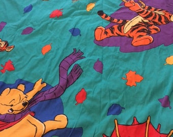 Vintage Winnie the Pooh Turquoise Umbrella Leaves Twin Sheet Set Flat Fitted Pillowcase Fabric