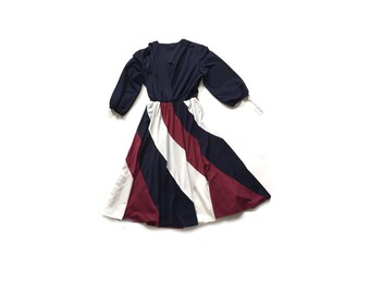 70s secretary dress, striped skirt, navy blue, semi sheer dress, midi dress, small