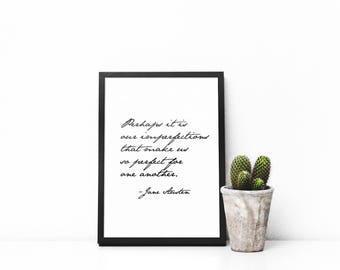 Imperfections, Jane Austen, Printable Art, Wall Art, Digital Download, Black and White, Quote, Home Decor, Art, Modern
