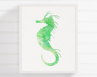 Green Seahorse Painting - Ocean Art - Sea Life Art - Nursery Wall Decor - Kids Room Decor - Seahorse Print, Seahorse Poster, Watercolor Art