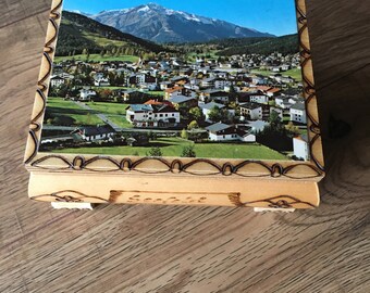 Vintage Reuge music box, Austria country scene, Swiss Musical Movement jewel case, plays Die Perle Tirols