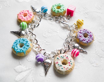 Donut Charm Bracelet, Doughnut Bracelet, Donut Bracelet, Charm Bracelet, Food Jewelry, Polymer Clay, Cute Bracelet, Kawaii, Sweet Lolita