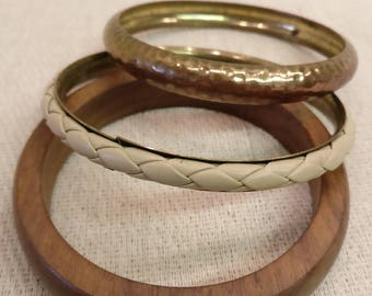 3 Vintage Bangles, Wood Leather Metal