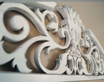 Farmhouse Decor Scrollwork Pediment { Architectural Decor } Vintage inspired artwork for home and living decorations. Shabby Chic White 0500