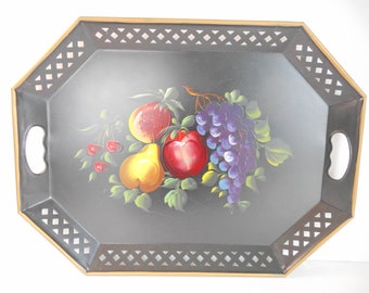 Nashco Tole Tray with Painted Fruit and Reticulated Rim and Handles