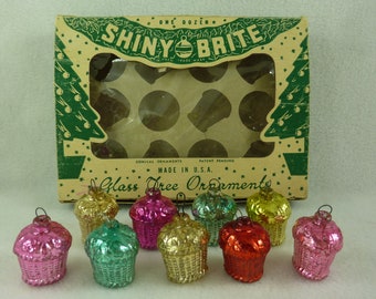 Shiny Brite Glass Feather Tree Christmas Ornaments Basket Set of 9
