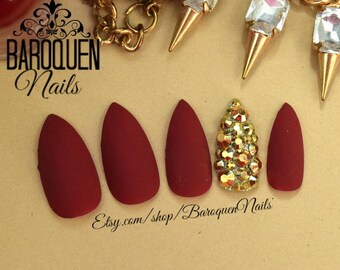 Matte Maroon Burgundy Press On Nails | Gold Bling Accent Nail | Fake Nails | False Nails | Red Nails | Glue On Nails | Nail Tips Acrylic GEL