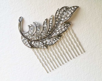 Bridal Hair Comb, Feather hair comb, Art Deco headpiece, art deco comb, wedding comb silver, crystal rhinestone SILVER SWIRL FEATHER
