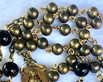 Small Black and Gold Metal and Glass Beads Catholic Rosary Necklace
