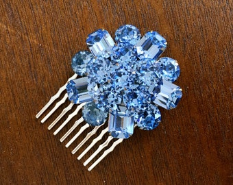 True Blue Vintage Crystal Bridal Hair Comb - Hollywood Glamor, Weiss, 1950s, Wedding, Bridal, OOAK, Silver, Rhinestone, antique