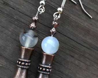 Copper tone and agate stone earrings, dangle stone earrings, copper toned tube earrings, agate stone healing earrings, earthy earrings