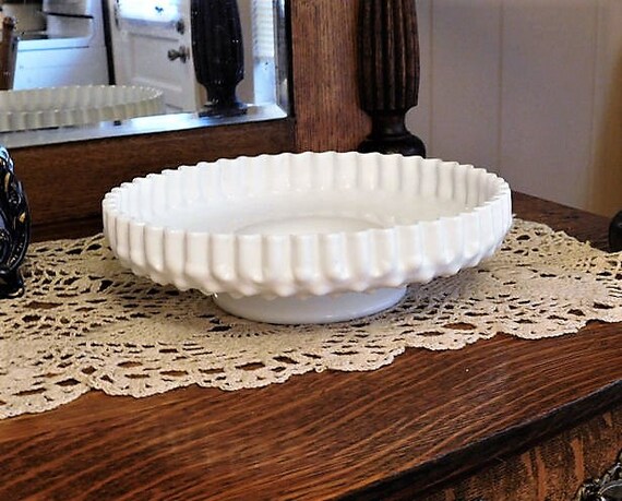 Fenton / Hobnail / White Milk Glass / Pedestal Plate / Pie Crust / Cake Desert Plate