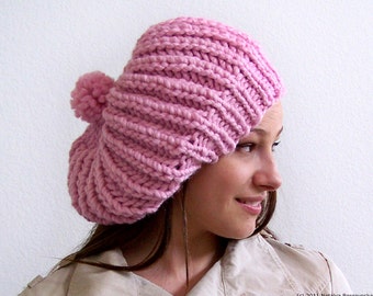 Knit Hat With Pom Pom, Pink Hat, Chunky Knit Hat, Pom Pom Hat, Womens Slouchy Beanie, Knit Slouchy Hat, Chunky Knit Hat, Womens Hat