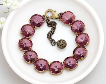 French Pink Bracelet, Purple Crystal Bracelet, Swarovski Bracelet Brass, Purple Rhinestone Bracelet Tennis, Swarovski Crystal Jewelry, Halia