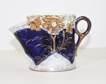 Antique Shaving Scuttle Cobalt Embossed Mug with floral and Gold design