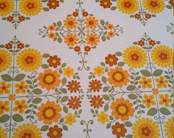 Orange, yellow, red and green floral daisy retro vintage 1960's wallpaper