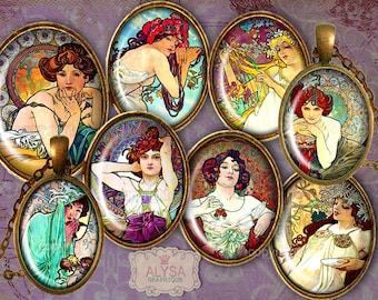 Alphonse Mucha Oval Images 30x40mm, 25x18, 18x13 Digital Collage Sheet + 6 FREE Gift Tags Instant Download for pendants, cabochons, magnets