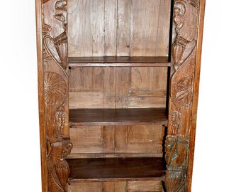 Conscious Design Antique Indian Wooden Bookcase Beautiful Hand Carving Bookshelf