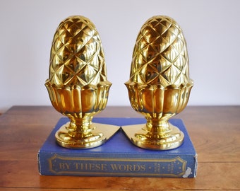 Pair Brass Pineapple Bookends Candle Holders, Brass Pineapples Mantle, Brass Office, Hollywood Regency Office Bookcase Shelf