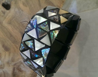 Mosaic Inlayed Abalone and Mother of Pearl Shell Cuff Bracelet