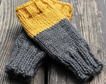 Bayport Mitts - Color blocked hand knit dark grey & mustard yellow fingerless mitts