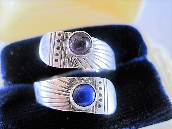 Sterling Stone Ring, Lapis and Amethyst, Modernist Wrap Style- Size 8