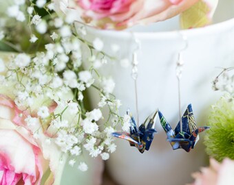 Samurai Blue, Origami Crane Earrings, Sterling Silver, Yuzen Chiyogami, Japanese art, Origami Jewelry, Jewellery