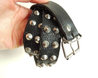 FREE SHIPPING - Vintage Black Leather belt with metal buckle and rivets/ peaks, size 85, From Genuine Leather