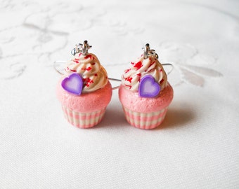 Pink Cupcake Earrings, Cute Earrings, Cupcake, Sweet Lolita, Polymer Clay, Charm Earrings, Food Earrings, Heart, Valentine, Strawberry