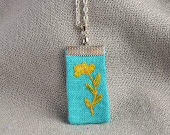 Flower pendant Cross stitch jewelry Fabric necklace Turquoise jewelry Floral necklace Linen jewelry Nature pendant Women gift Gift|for|mom