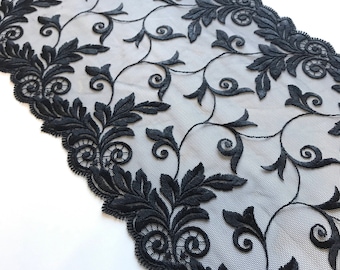 BLACK, 9" Wide, Embroidered Floral Lace Trim, BTY By The Yard
