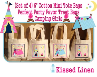 Camping Girls Boys Birthday Party Treat Favor Gift Bags Campout Camper Tent Teepee Campfire Mini Cotton Totes Children Kids