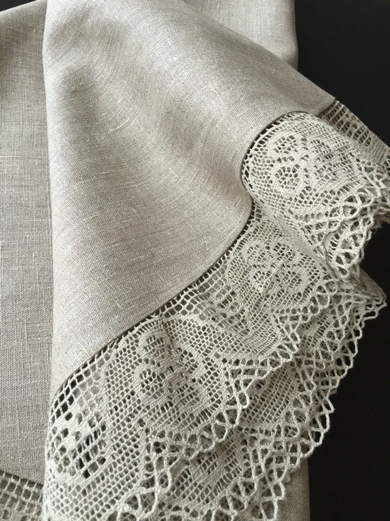 Round Tablecloth Linen Lace Natural Grey Flax Oval Tablecloth