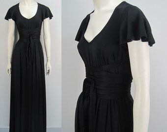 70s John Kloss maxi dress, black matte jersey dress, vintage maxi dress