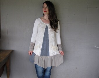 upcycled clothing recycled sweater tunic dress Bohemian Eco Wearable Art X large Lagenlook Boho Repurposed Fun Clothes LillieNoraDryGoods