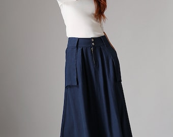 Blue linen skirt, navy blue skirt, maxi skirt, linen skirt, summer skirt, womens long skirt, ethic skirt, skirt with pockets (1036)