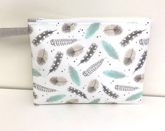 Large size wet bag. Grey and aqua feathers Great size wet bag for cloth nappy diapers.