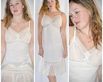 Vintage Ivory Allencon Lace and Crystal Pleated Ruffle Slip 36 Inch Bust