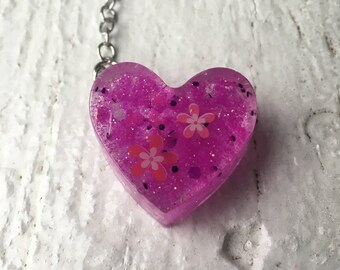 Pink Flower Mini Resin Heart Keychain